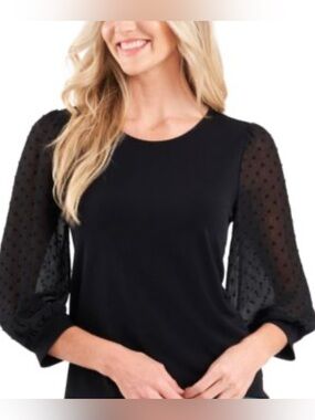CeCe Black Swiss Dot Sheer 3/4 Sleeve Women's Top